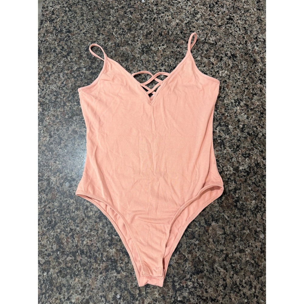 Papaya Women Pink Lattice V-Neck Strappy Bodysuit Size L 69998